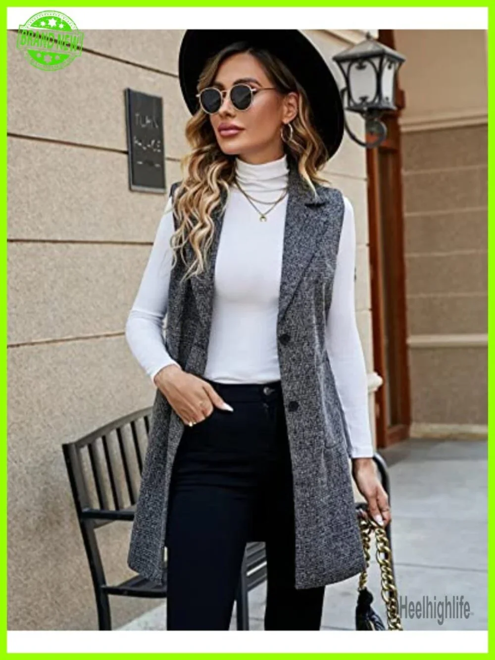 Sleeveless Plaid Tweed Blazer Vest Longline Trench Coat